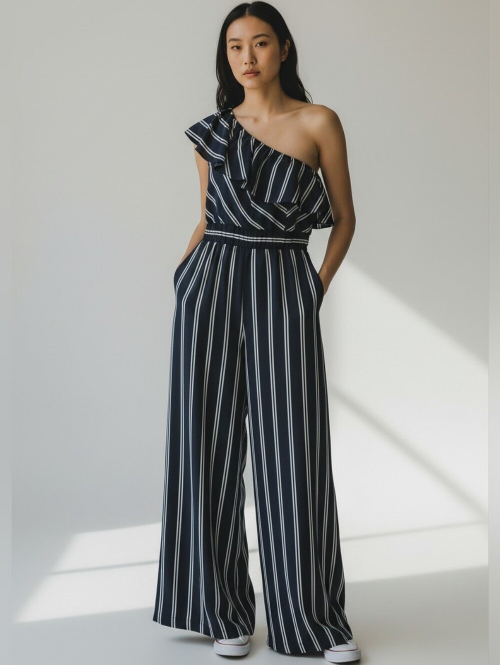 Striped One-Shoulder Wide-Leg Jumpsuit - Black/White